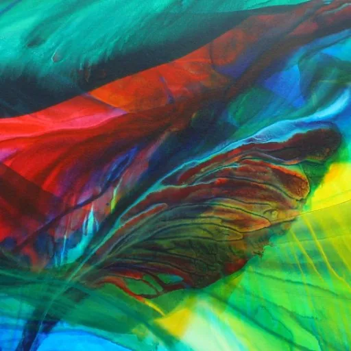 An abstract painting in teal, red and acid green: a veined, leaf-like form moving through layered colour.