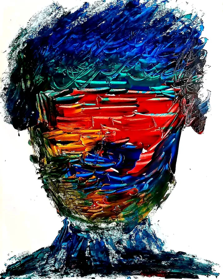 An impasto painting of a head and shoulders: thick blue strokes for hair, a band of red and orange across the eyes, green and yellow below, on a white ground.